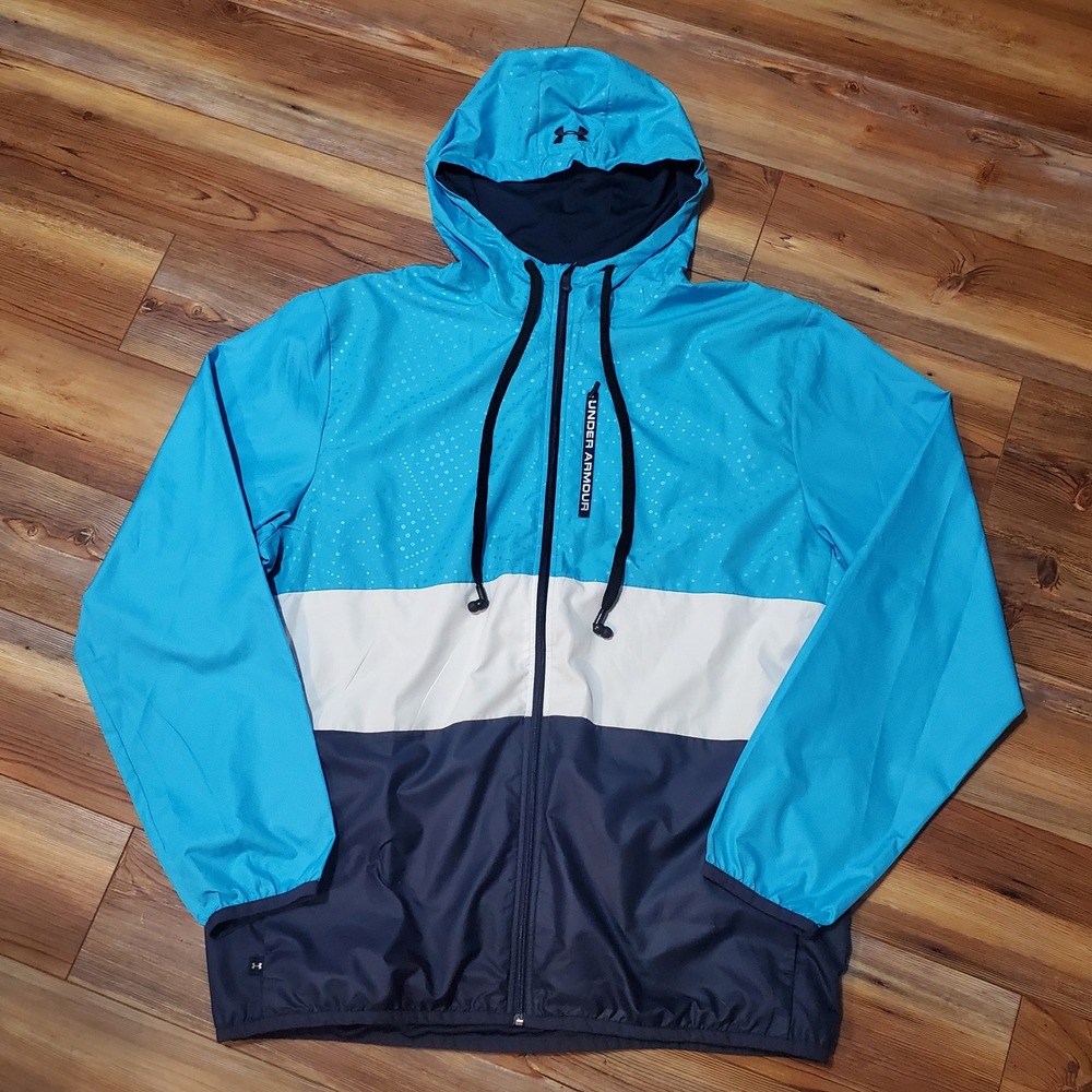 Under Armour All Season Gear Windbreaker Jacket Blue White Navy Hooded Mens 2XL